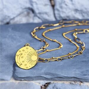 NEW 18K yellow gold plated star sun moon paper clip chain necklace jewelry B16A